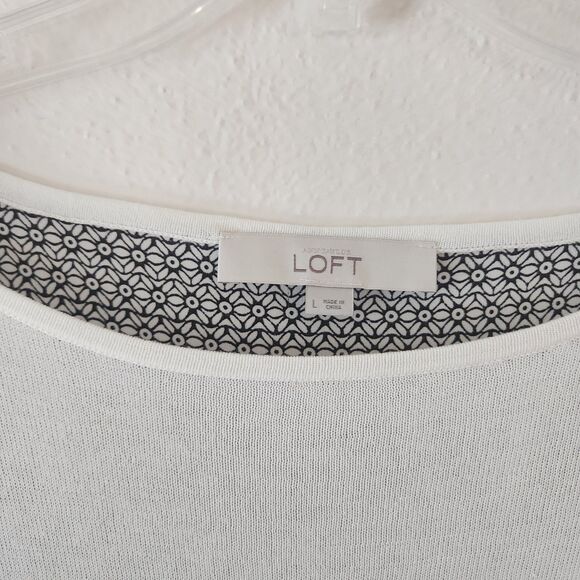 LOFT Cream Black Long Sleeve Layered Look Sweater Floral Geometric Top Size L - Picture 3 of 8